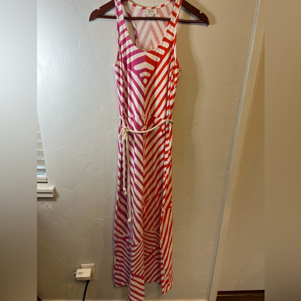 LOFT Pink Orange Split and Chevron Maxi Dress Women's XS‎